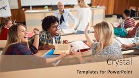  Presentation with amphitheater - Presentation consisting of students-laughing-while-having-lecture background and a coral colored foreground