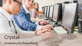  Presentation with computer science google crawler - Theme featuring students learning computer science background and a mint green colored foreground