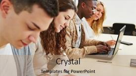  Presentation with college students and laptop - Amazing presentation theme having students learning with laptop computer backdrop and a coral colored foreground