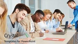  Presentation with learning - Audience pleasing PPT theme consisting of students learning with teacher together backdrop and a soft green colored foreground