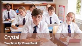  Presentation with listening - PPT theme having students listening to female teacher background and a coral colored foreground