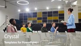  Presentation with academic - Presentation design consisting of students listening to report background and a  colored foreground