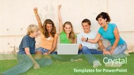  Presentation with news - Audience pleasing presentation theme consisting of students looking happily at good backdrop and a  colored foreground