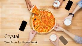  Presentation with small group top view - PPT theme consisting of students meeting and eating pizza background and a coral colored foreground