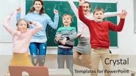  Presentation with students - PPT layouts having students of primary school jumping background and a coral colored foreground