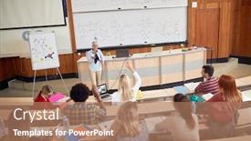  Presentation with amphitheater - Beautiful presentation design featuring students-on-a-lecture backdrop and a coral colored foreground