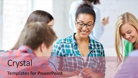  Presentation with learning technology - Colorful PPT theme enhanced with students or classmates with workbook backdrop and a coral colored foreground