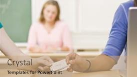  Presentation with classroom - Slides with overtaking - students passing notes in classroom background and a coral colored foreground