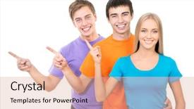  Presentation with group of students raising hands - Audience pleasing slides consisting of students pointing on white background backdrop and a  colored foreground