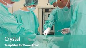  Presentation with medical students - Slide deck with students practicing surgery on model background and a teal colored foreground