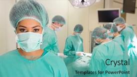  Presentation with medical students - Presentation theme with students practicing surgery on model background and a teal colored foreground