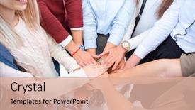  Presentation with unity - PPT theme featuring students putting their hands together in a sign of unity and teamwork background and a lemonade colored foreground