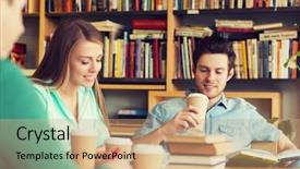  Presentation with knowledge - Slides having students reading books drinking coffee background and a coral colored foreground