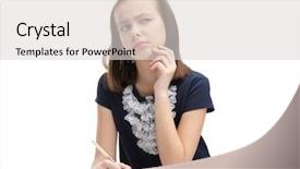  Presentation with task - PPT theme featuring students reflection - schoolgirl thinks over the task background and a lemonade colored foreground