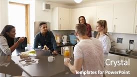  Presentation with student housing - PPT theme with students relaxing in kitchen background and a violet colored foreground