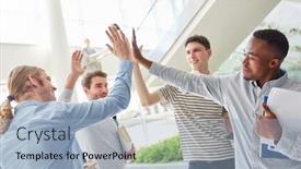  Presentation with building team - PPT theme consisting of students-share-high-five background and a light blue colored foreground