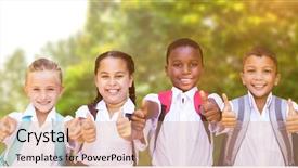  Presentation with trees forest lumber - Slide set consisting of students showing thumbs up sign background and a coral colored foreground