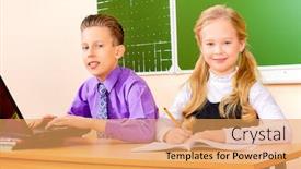  Presentation with students - Slide set featuring students-sit-at-their-desk background and a yellow colored foreground