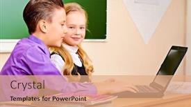  Presentation with students - Presentation design having students-sit-at-their-desk background and a coral colored foreground