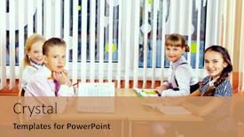  Presentation with students - Slide set with students-sit-at-their-desks background and a coral colored foreground