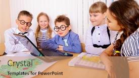  Presentation with students - Beautiful slide deck featuring students-sit-at-their-desks backdrop and a coral colored foreground