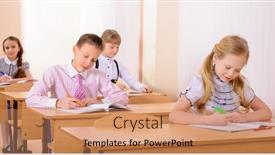  Presentation with students - Slide deck having students-sit-at-their-desks background and a coral colored foreground