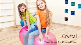  Presentation with students - Presentation theme featuring students sit on gymnastic balls background and a  colored foreground