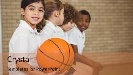  Presentation with sports school - PPT layouts featuring students sitting on a sports background and a coral colored foreground