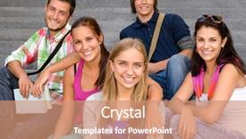  Presentation with college-campus - Cool new PPT layouts with students sitting on school stairs backdrop and a coral colored foreground