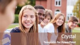  Presentation with teenage - PPT theme featuring students sitting outside school building background and a violet colored foreground