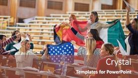  Presentation with student exchange - Slide set with students-spend-quality-time-together background and a tawny brown colored foreground