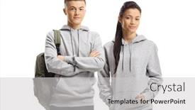  Presentation with students - Audience pleasing PPT theme consisting of students-standing-and-looking backdrop and a light gray colored foreground