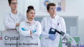  Presentation with medical teamwork - Beautiful presentation theme featuring students standing together in chemistry backdrop and a light blue colored foreground