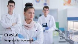  Presentation with medical teamwork - Slides with students standing together in chemistry background and a light blue colored foreground