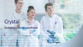  Presentation with medical teamwork - Cool new presentation theme with students standing together in chemistry backdrop and a sky blue colored foreground