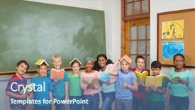  Presentation with elementary - Cool new slide set with students standing with books on their heads at the elementary school backdrop and a ocean colored foreground