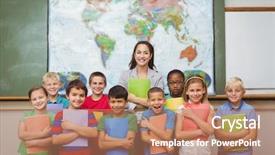  Presentation with elementary school - Presentation theme with students standing with the teacher background and a coral colored foreground