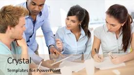  Presentation with young business people - Slide set enhanced with education group projects - young business people meeting background and a coral colored foreground