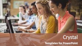  Presentation with classroom - Colorful slide deck enhanced with students studying in computer classroom backdrop and a red colored foreground