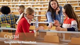  Presentation with university - Cool new PPT layouts with students-talking-about-the-lesson backdrop and a coral colored foreground