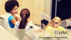  Presentation with international education - Beautiful PPT theme featuring students talking in lecture hall backdrop and a  colored foreground