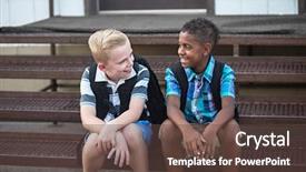  Presentation with friendship school - Slides enhanced with students talking together at school background and a tawny brown colored foreground