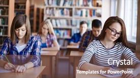  Presentation with test - Colorful presentation theme enhanced with students testing - clever girls sitting by desks backdrop and a violet colored foreground