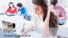  Presentation with test exam student - Theme enhanced with students testing - student woman writing test background and a light blue colored foreground