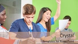  Presentation with test - Presentation consisting of students testing - successful teenage student celebrates her background and a coral colored foreground