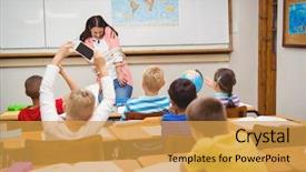  Presentation with elementary school - Amazing presentation design having chaos classroom - students thorwing paper and airplanes backdrop and a yellow colored foreground