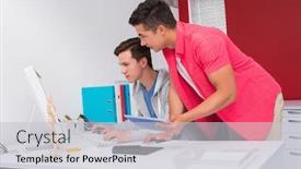  Presentation with college students - PPT layouts with students using computer and tablet together at the college background and a light gray colored foreground