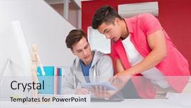  Presentation with college students - Presentation design consisting of students using computer and tablet together at the college background and a light gray colored foreground