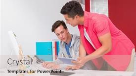  Presentation with college students - PPT theme consisting of students using computer and tablet together at the college background and a lemonade colored foreground