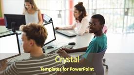  Presentation with classroom - Presentation design enhanced with students using computer in classroom background and a tawny brown colored foreground